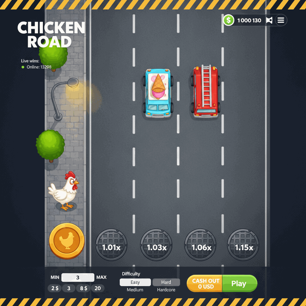 Chicken Road game screen showing a cartoon chicken character standing at the edge of a multi-lane road with manhole cover multiplier markers on each lane, urban sidewalk scenery with trees and street lamp on the left, and white dashed lane dividers separating gray asphalt lanes